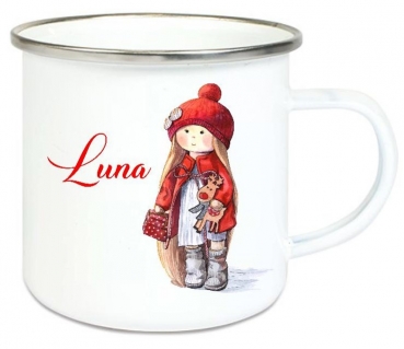 ♥ Tasse Emailletasse Winter Mädchen Doll tolle Farben, Wunschname, Einschulung KITA Dankeschön, Abschied, Jubiläum, Geschenk, Becher von Lüttentüddel